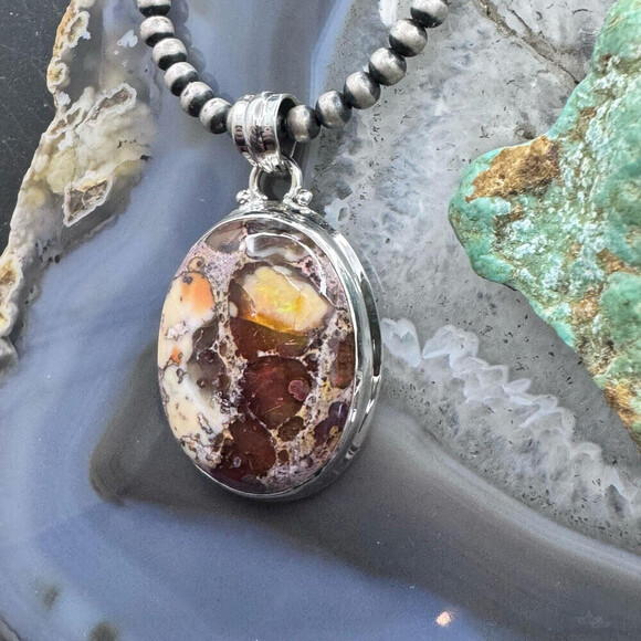 Sterling Silver Southwestern Style Oval Mexican Fire Opal Pendant For Women - Picture 5 of 10